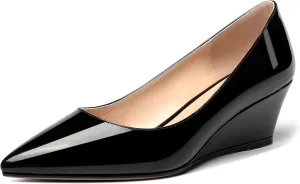 MERRORI Women's Slip On Patent Solid Square Toe Wedge Low Heel Pumps Shoes 2 Inch