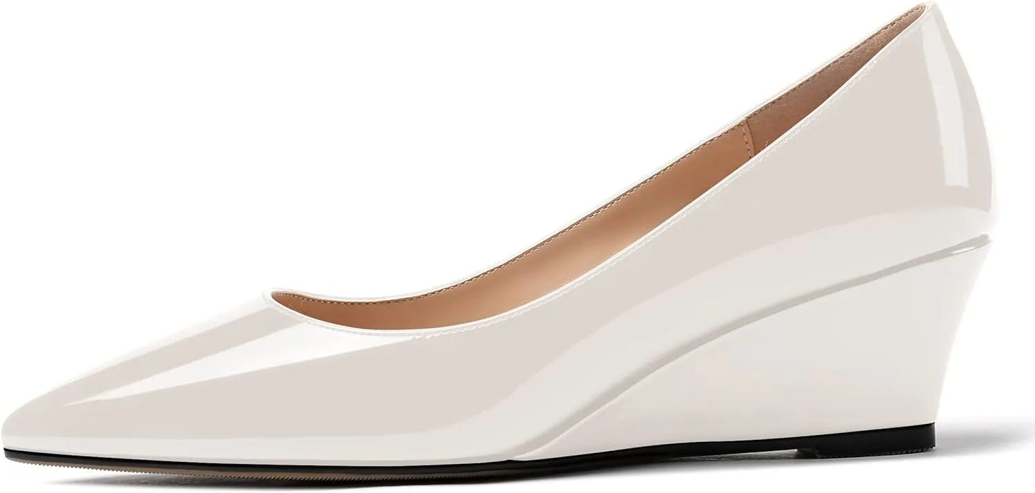 MERRORI Women's Slip On Patent Solid Square Toe Wedge Low Heel Pumps Shoes 2 Inch