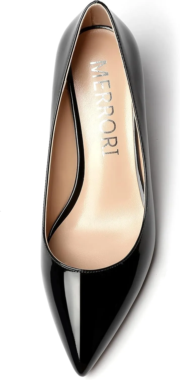 MERRORI Women's Slip On Patent Solid Square Toe Wedge Low Heel Pumps Shoes 2 Inch