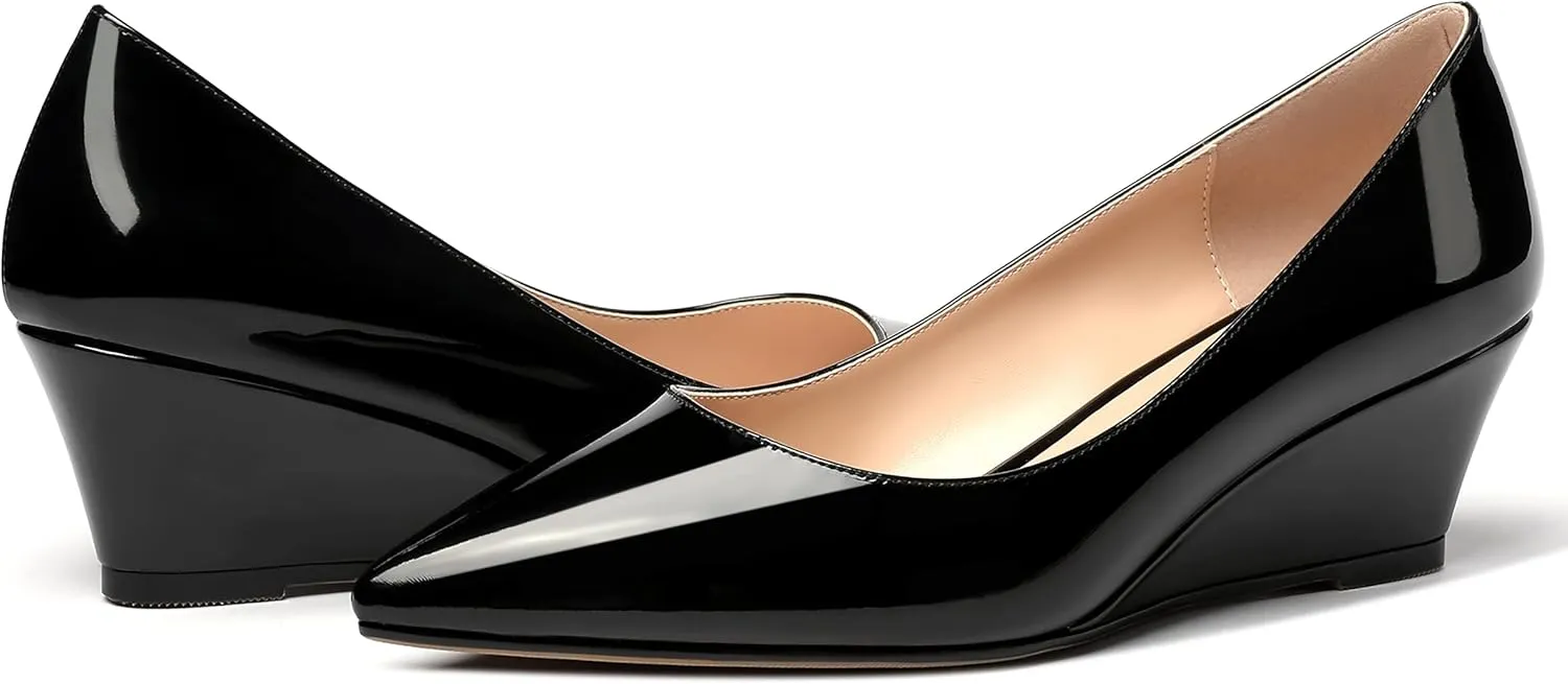 MERRORI Women's Slip On Patent Solid Square Toe Wedge Low Heel Pumps Shoes 2 Inch