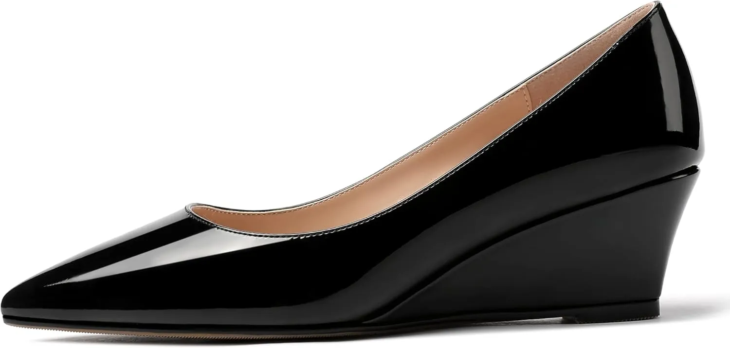 MERRORI Women's Slip On Patent Solid Square Toe Wedge Low Heel Pumps Shoes 2 Inch