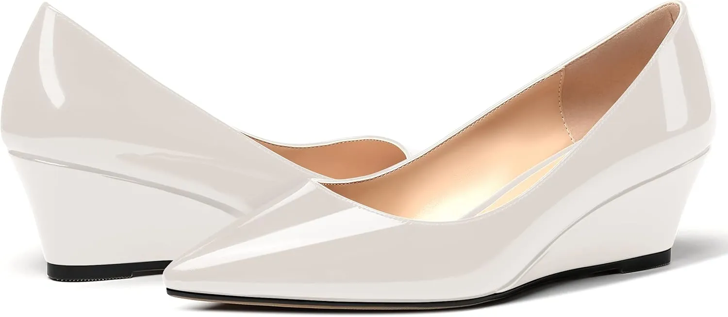 MERRORI Women's Slip On Patent Solid Square Toe Wedge Low Heel Pumps Shoes 2 Inch
