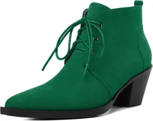 Mettesally Womens Lace Up Ankle Boots Pointed Toe Mid Chunky Heels Slip On Winter Short Booties Shoes
