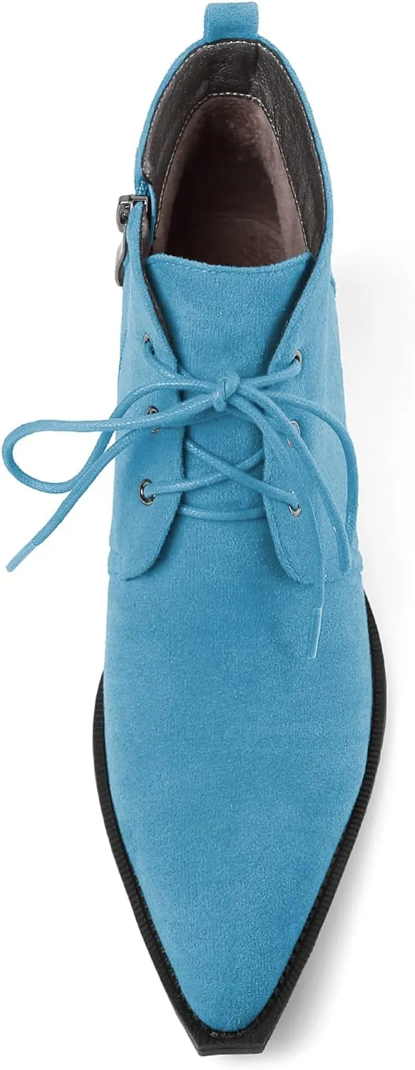 Mettesally Womens Lace Up Ankle Boots Pointed Toe Mid Chunky Heels Slip On Winter Short Booties Shoes
