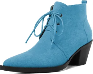 Mettesally Womens Lace Up Ankle Boots Pointed Toe Mid Chunky Heels Slip On Winter Short Booties Shoes