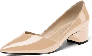 MODENCOCO Women's Patent Slip On Pointed Toe Cut Out Chunky Low Heel Pumps Shoes 2 Inch