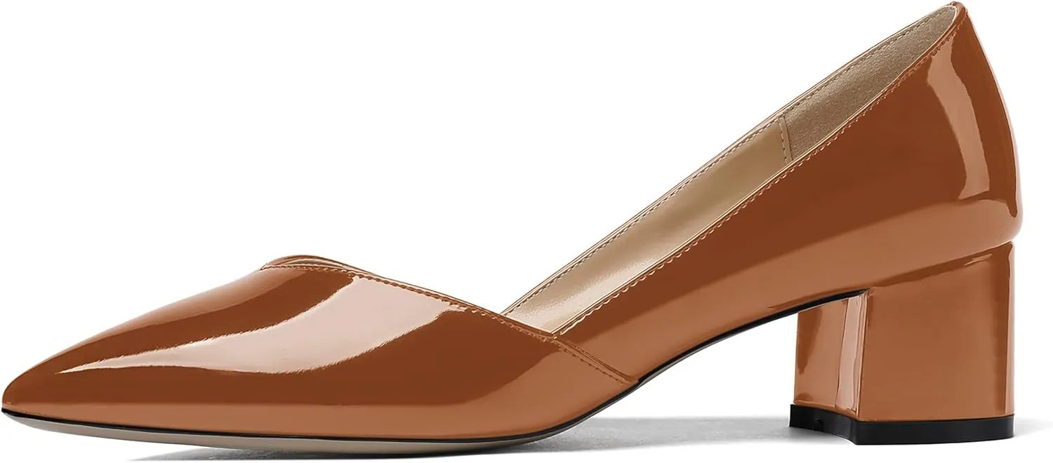 MODENCOCO Women's Patent Slip On Pointed Toe Cut Out Chunky Low Heel Pumps Shoes 2 Inch