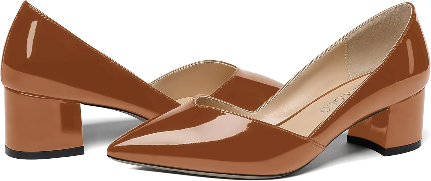 MODENCOCO Women's Patent Slip On Pointed Toe Cut Out Chunky Low Heel Pumps Shoes 2 Inch
