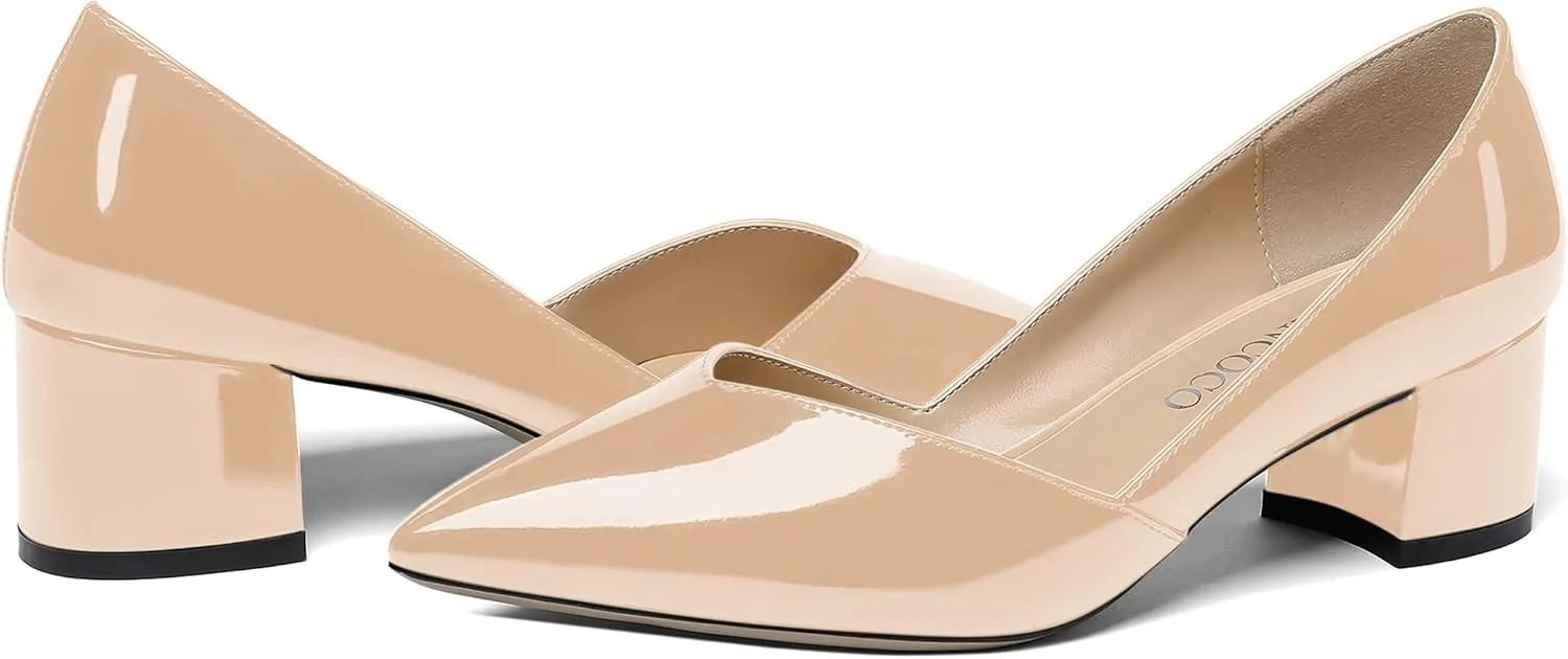 MODENCOCO Women's Patent Slip On Pointed Toe Cut Out Chunky Low Heel Pumps Shoes 2 Inch
