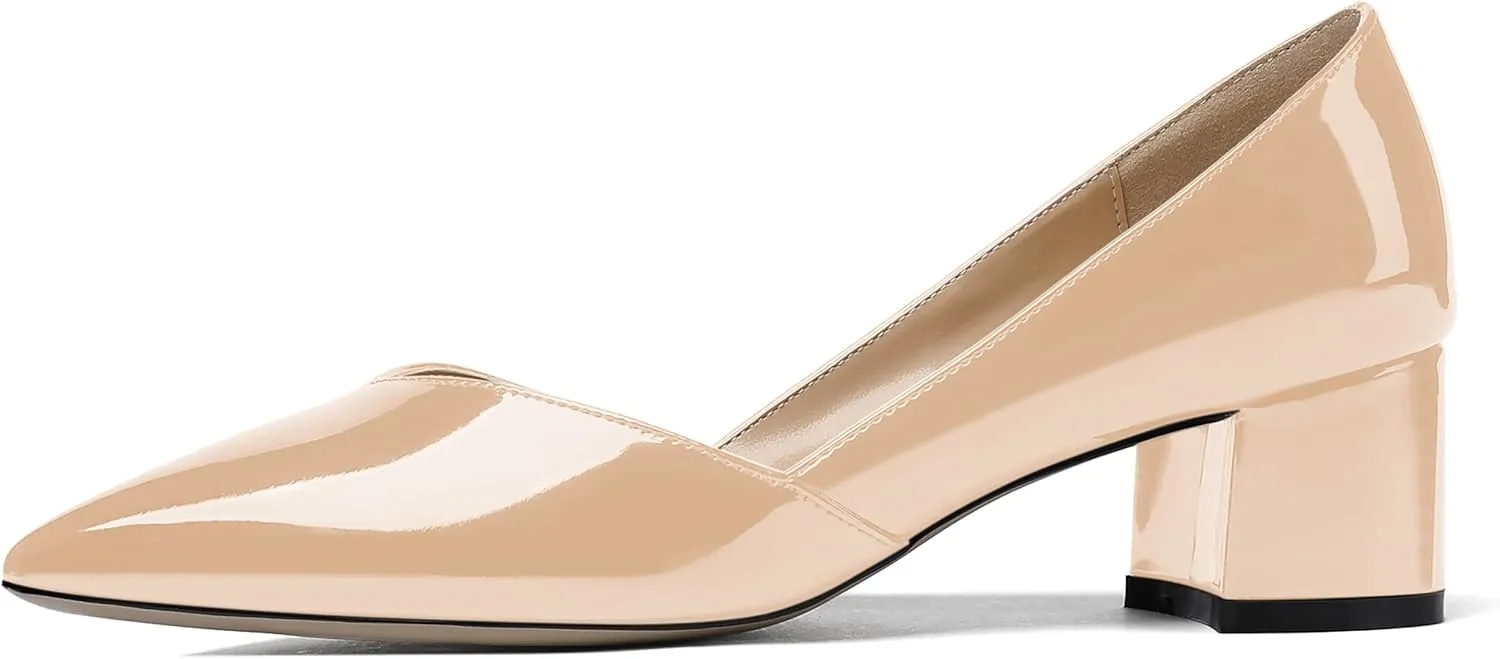 MODENCOCO Women's Patent Slip On Pointed Toe Cut Out Chunky Low Heel Pumps Shoes 2 Inch