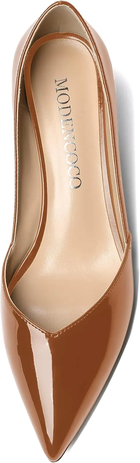 MODENCOCO Women's Patent Slip On Pointed Toe Cut Out Chunky Low Heel Pumps Shoes 2 Inch