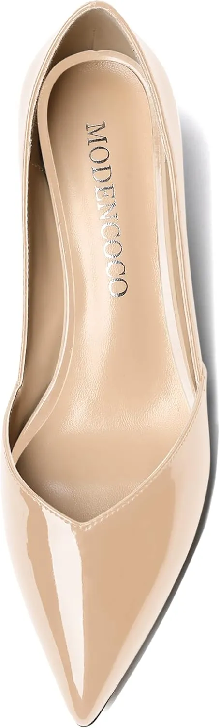 MODENCOCO Women's Patent Slip On Pointed Toe Cut Out Chunky Low Heel Pumps Shoes 2 Inch