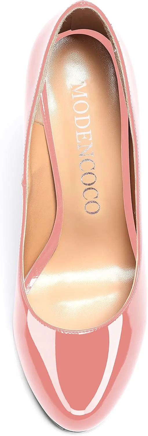 MODENCOCO Women's Slip On Patent Round Toe Stiletto High Heel Pumps Shoes 4.5 Inch