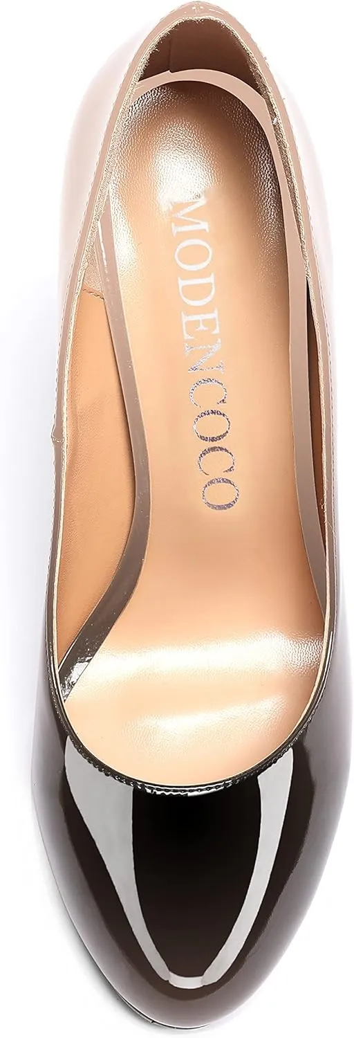 MODENCOCO Women's Slip On Round Toe Patent Solid Stiletto High Heel Pumps Shoes 4 Inch