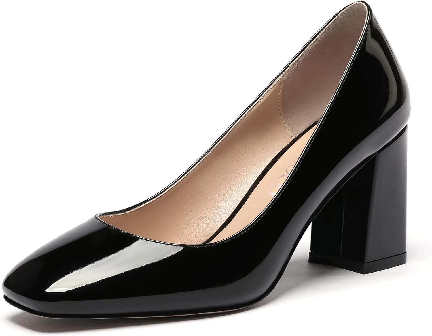 MODENCOCO Women's Thick Square Toe Patent Slip On Solid Block High Heel Pumps Shoes 3 Inch