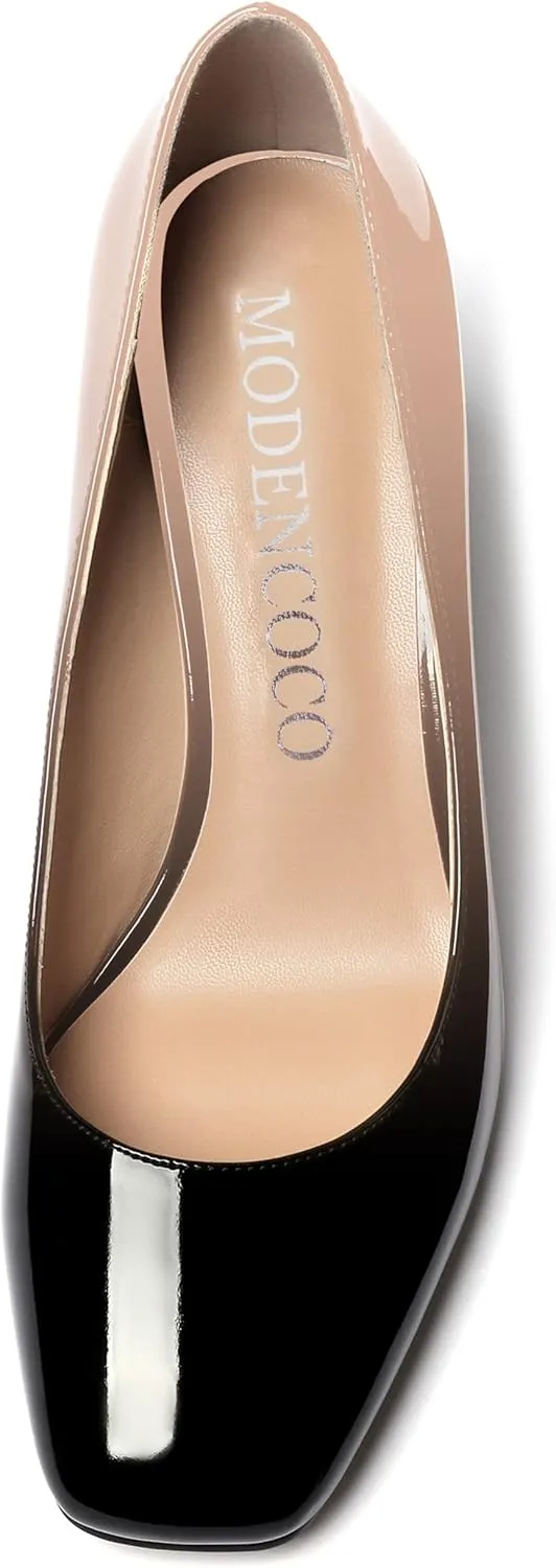 MODENCOCO Women's Thick Square Toe Patent Slip On Solid Block High Heel Pumps Shoes 3 Inch