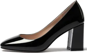 MODENCOCO Women's Thick Square Toe Patent Slip On Solid Block High Heel Pumps Shoes 3 Inch