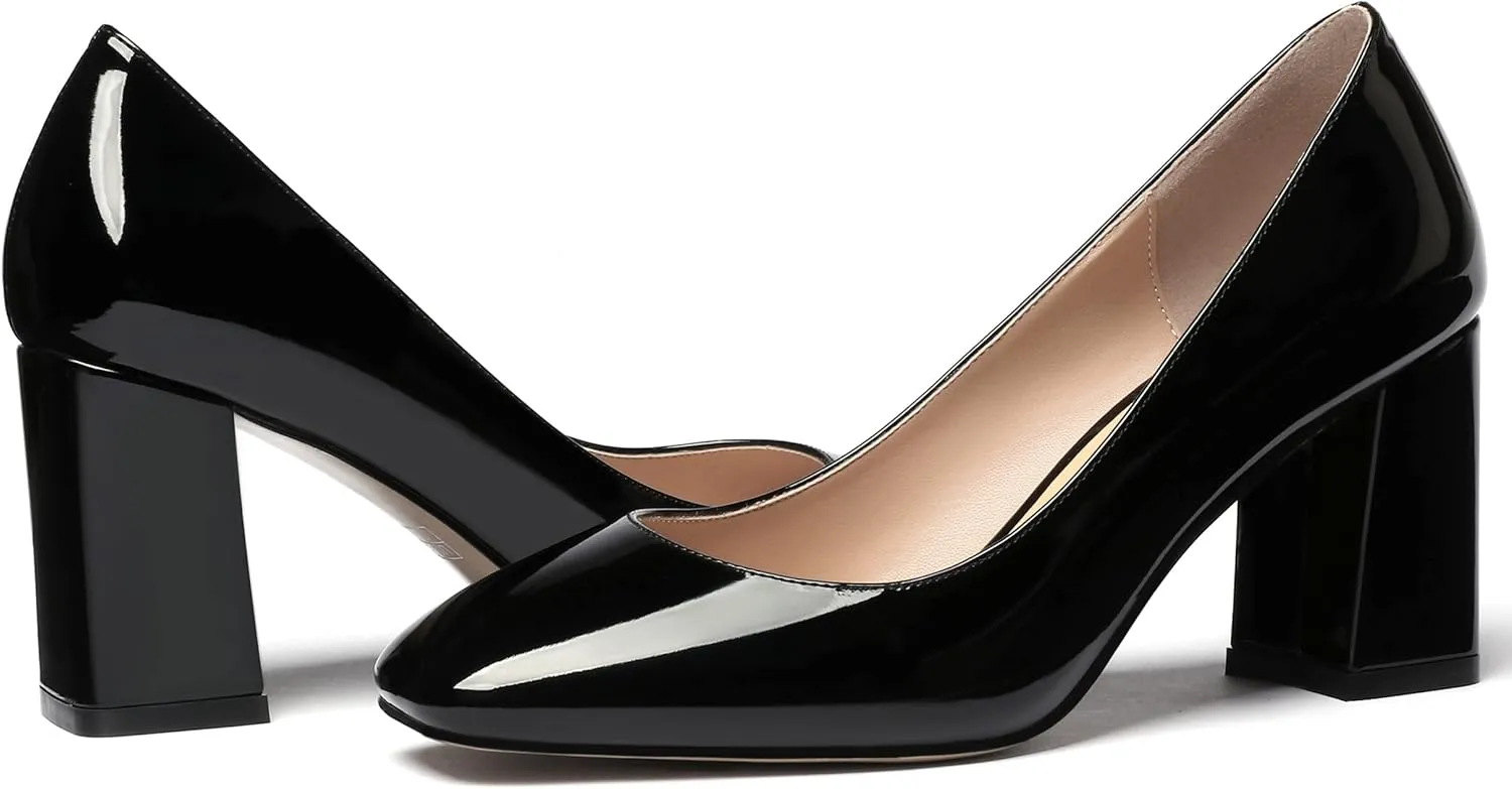 MODENCOCO Women's Thick Square Toe Patent Slip On Solid Block High Heel Pumps Shoes 3 Inch