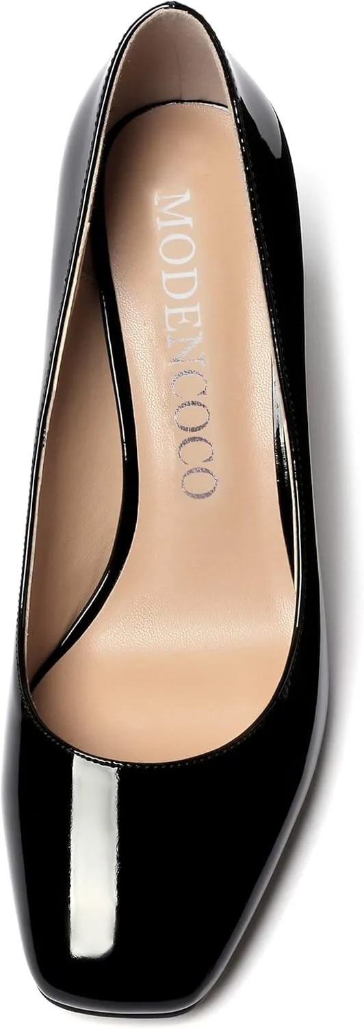 MODENCOCO Women's Thick Square Toe Patent Slip On Solid Block High Heel Pumps Shoes 3 Inch