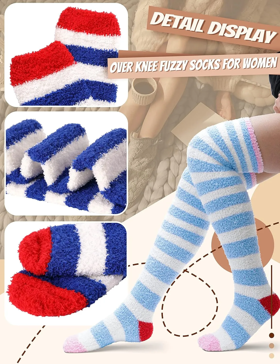 MOGGEI Womens Thigh High Fuzzy Socks Warm Winter Over Knee High Long Striped Fluffy Cozy Fleece Socks 2 Pairs