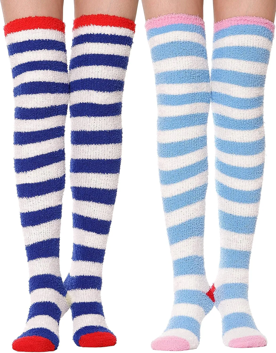 MOGGEI Womens Thigh High Fuzzy Socks Warm Winter Over Knee High Long Striped Fluffy Cozy Fleece Socks 2 Pairs