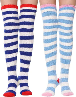 MOGGEI Womens Thigh High Fuzzy Socks Warm Winter Over Knee High Long Striped Fluffy Cozy Fleece Socks 2 Pairs