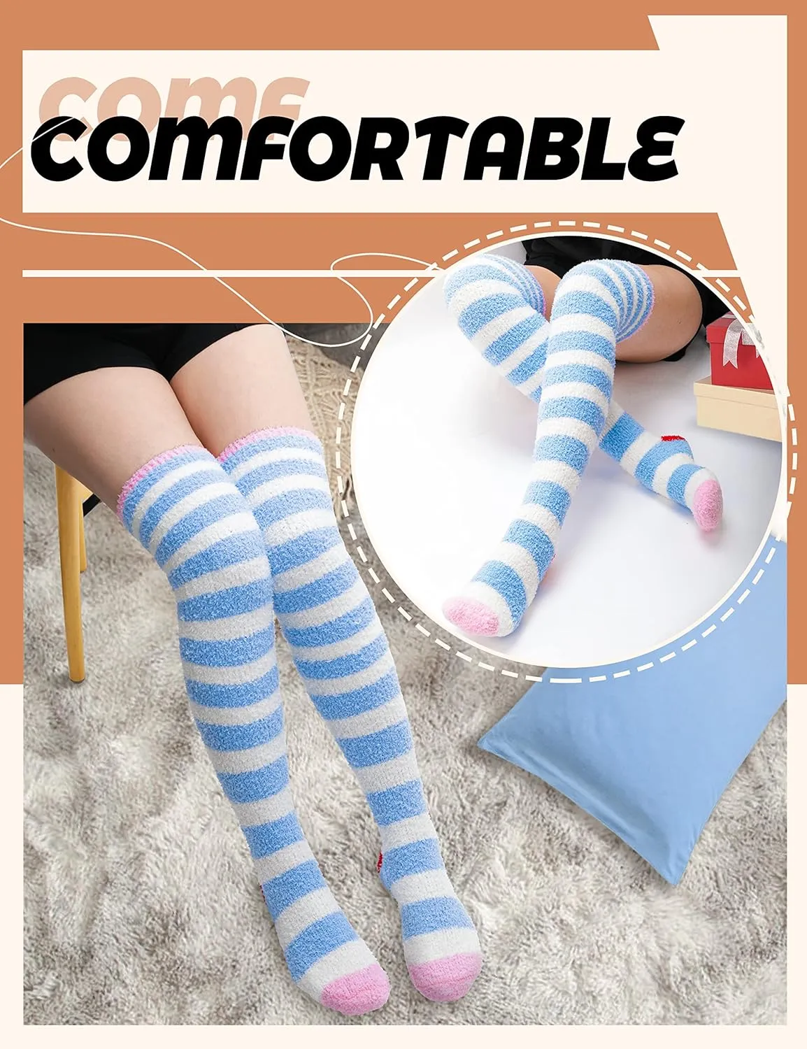 MOGGEI Womens Thigh High Fuzzy Socks Warm Winter Over Knee High Long Striped Fluffy Cozy Fleece Socks 2 Pairs