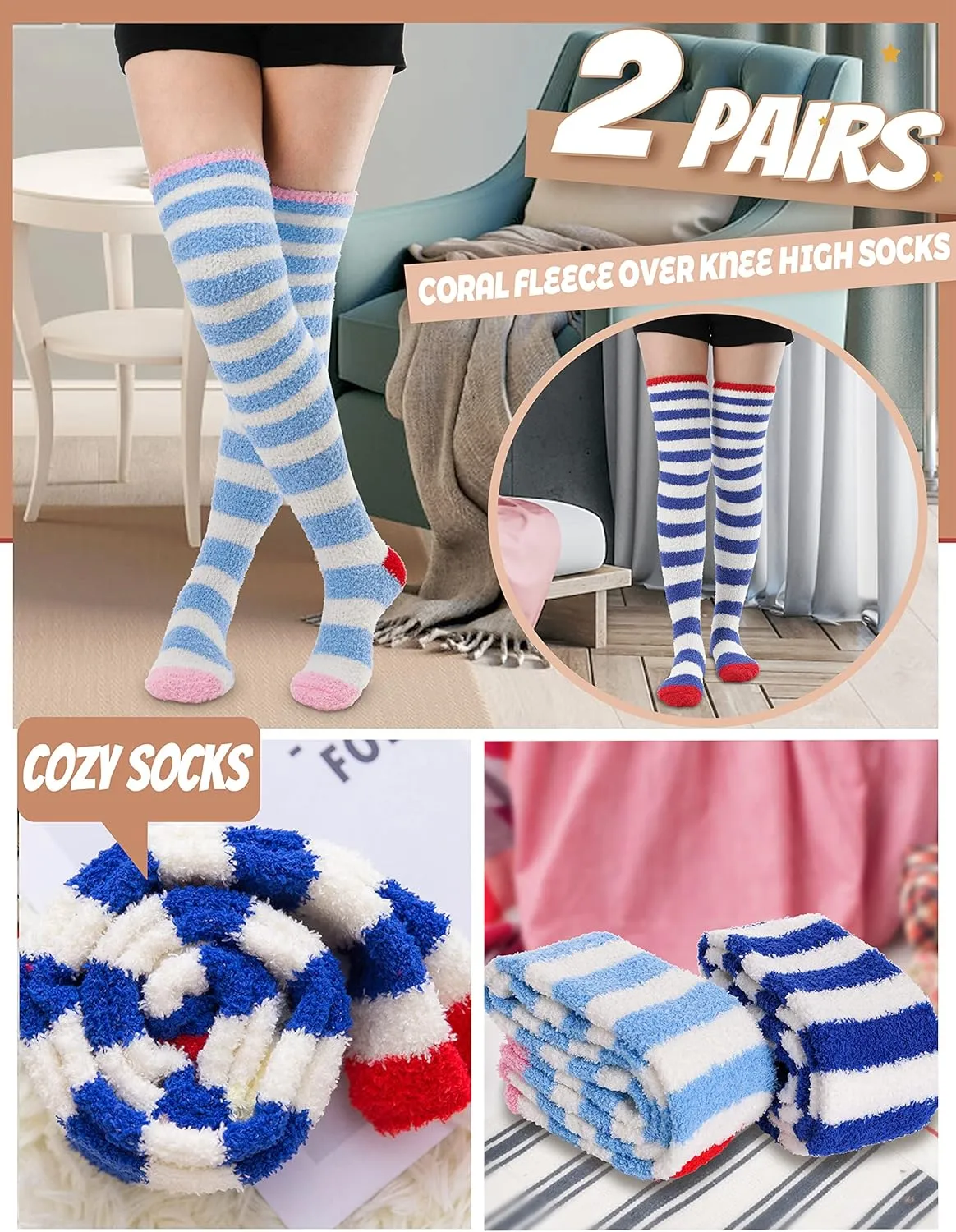 MOGGEI Womens Thigh High Fuzzy Socks Warm Winter Over Knee High Long Striped Fluffy Cozy Fleece Socks 2 Pairs