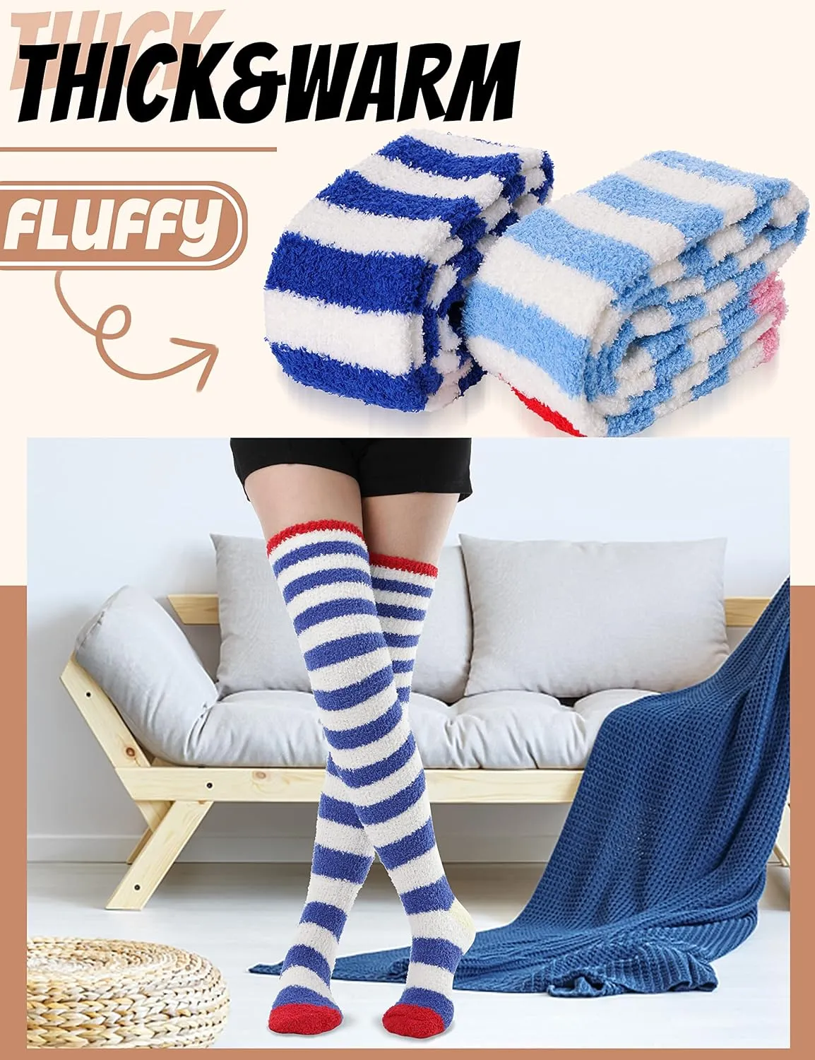 MOGGEI Womens Thigh High Fuzzy Socks Warm Winter Over Knee High Long Striped Fluffy Cozy Fleece Socks 2 Pairs