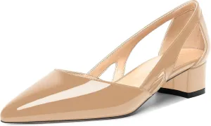 MOVINSTEPS Womens Pointed Toe Dress Slip On Patent Cut Out Work Chunky Low Heel Pumps Shoes 1.5 Inch