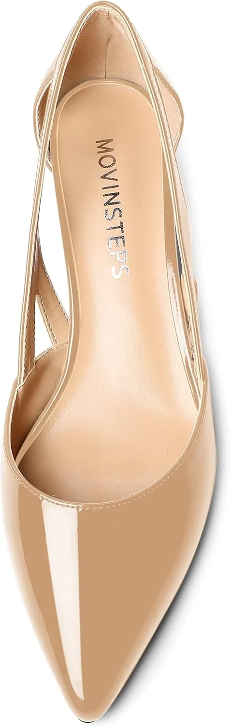 MOVINSTEPS Womens Pointed Toe Dress Slip On Patent Cut Out Work Chunky Low Heel Pumps Shoes 1.5 Inch