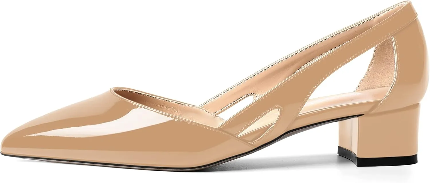 MOVINSTEPS Womens Pointed Toe Dress Slip On Patent Cut Out Work Chunky Low Heel Pumps Shoes 1.5 Inch