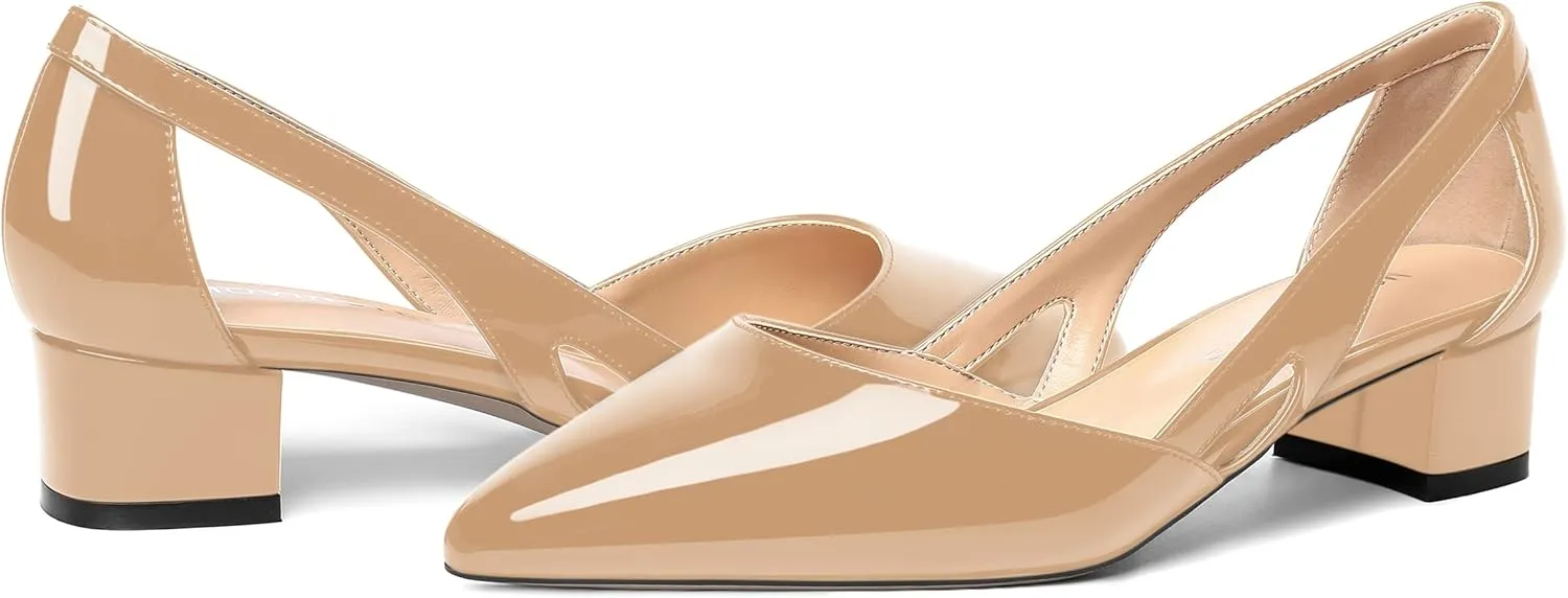 MOVINSTEPS Womens Pointed Toe Dress Slip On Patent Cut Out Work Chunky Low Heel Pumps Shoes 1.5 Inch