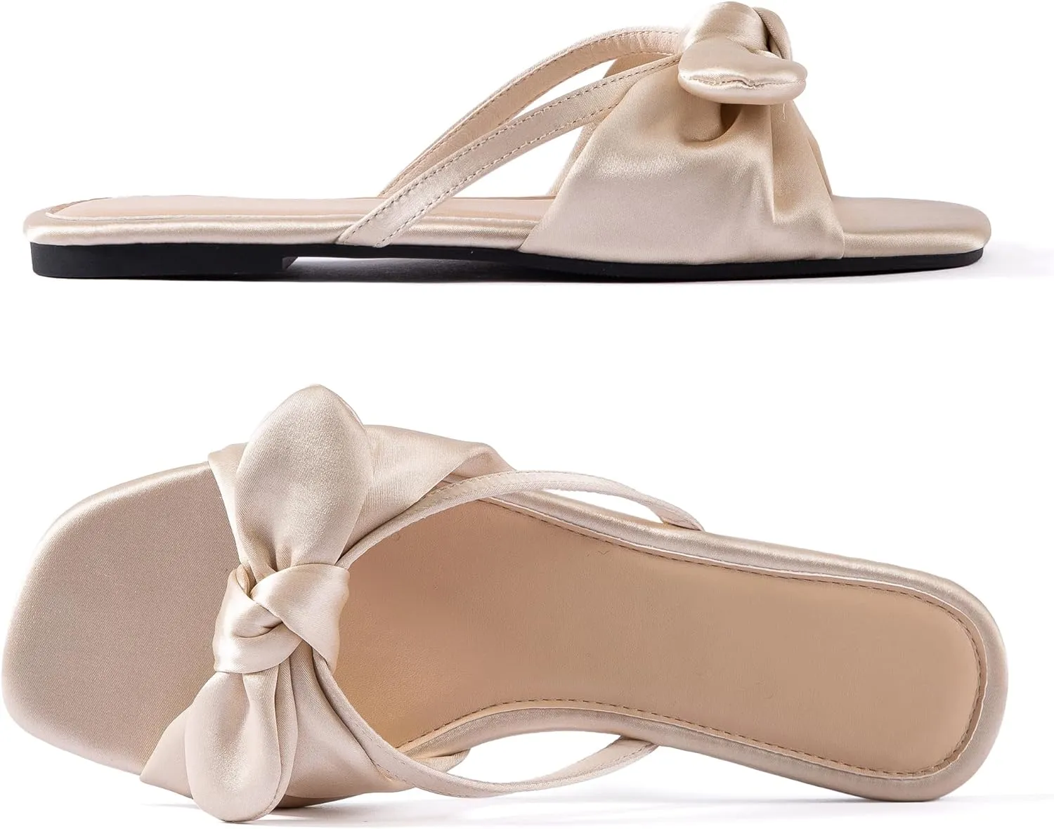 Mtzyoa Women Flat Sandals Bow Satin Ladies Summer Dressy Casual Vacation Bohemian Cute Leather Fashion Comfy Slip On Slides