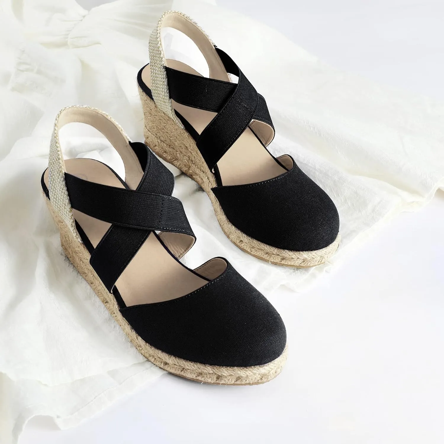 mysoft Women's Closed Toe Crisscross Elastic Ankle Strap Platform Espadrille Wedge Sandals
