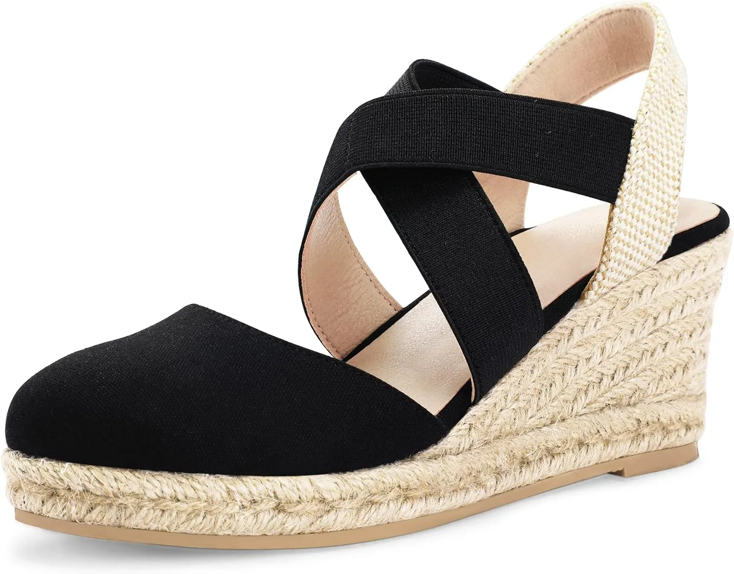 mysoft Women's Closed Toe Crisscross Elastic Ankle Strap Platform Espadrille Wedge Sandals