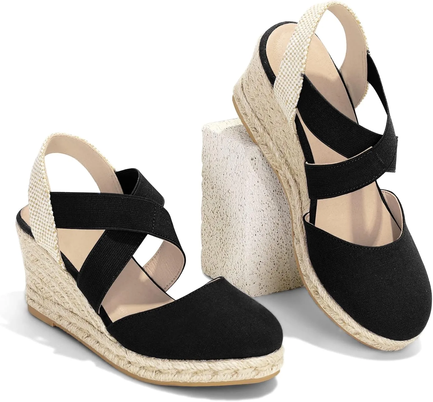 mysoft Women's Closed Toe Crisscross Elastic Ankle Strap Platform Espadrille Wedge Sandals