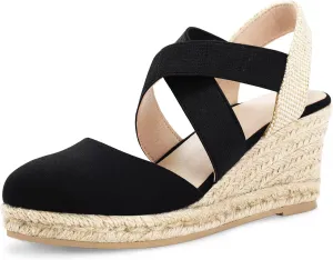 mysoft Women's Closed Toe Crisscross Elastic Ankle Strap Platform Espadrille Wedge Sandals