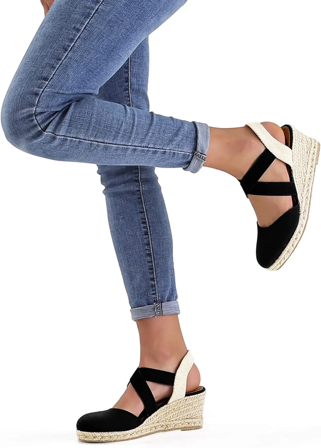 mysoft Women's Closed Toe Crisscross Elastic Ankle Strap Platform Espadrille Wedge Sandals