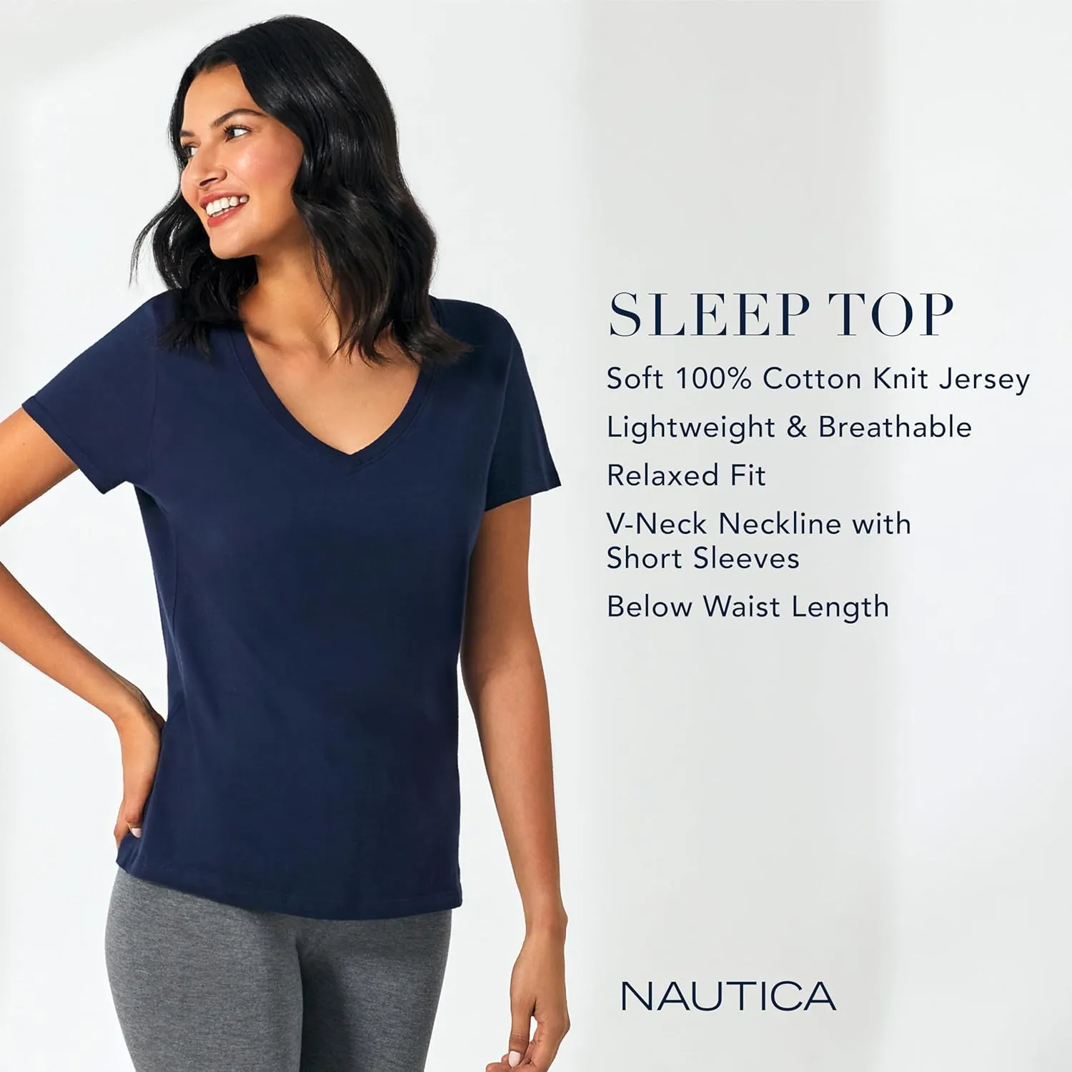 Nautica Womens Sleep Shirt - Lightweight, Breathable Pajama Top - Cotton Knit Jersey V-Neck Sleepwear and Loungewear