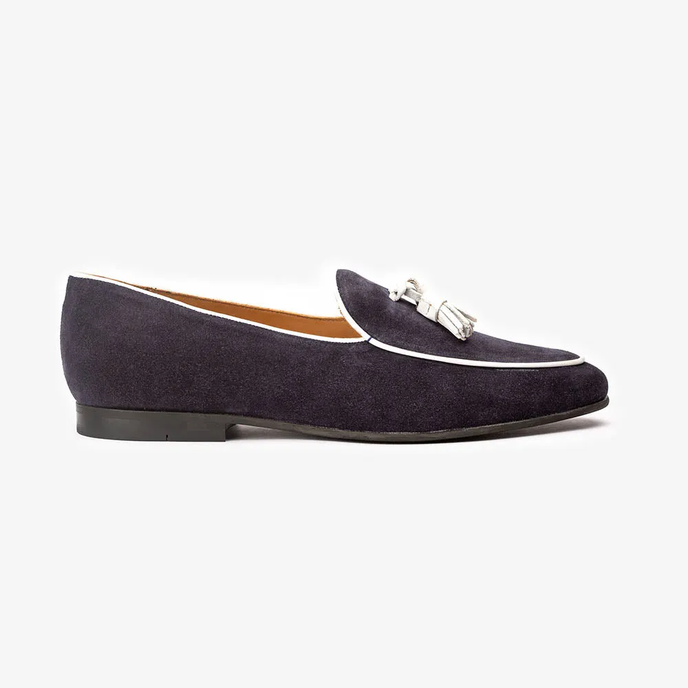 Navy Suede Belgina Loafer with White Taseel