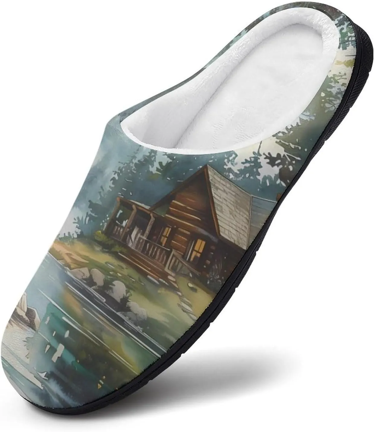 Old Cabin Lakeside Scenery Comfort Womens Cotton Slippers Winter Warm Slip-on House Shoes For Home Office Hotel