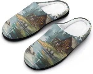 Old Cabin Lakeside Scenery Comfort Womens Cotton Slippers Winter Warm Slip-on House Shoes For Home Office Hotel
