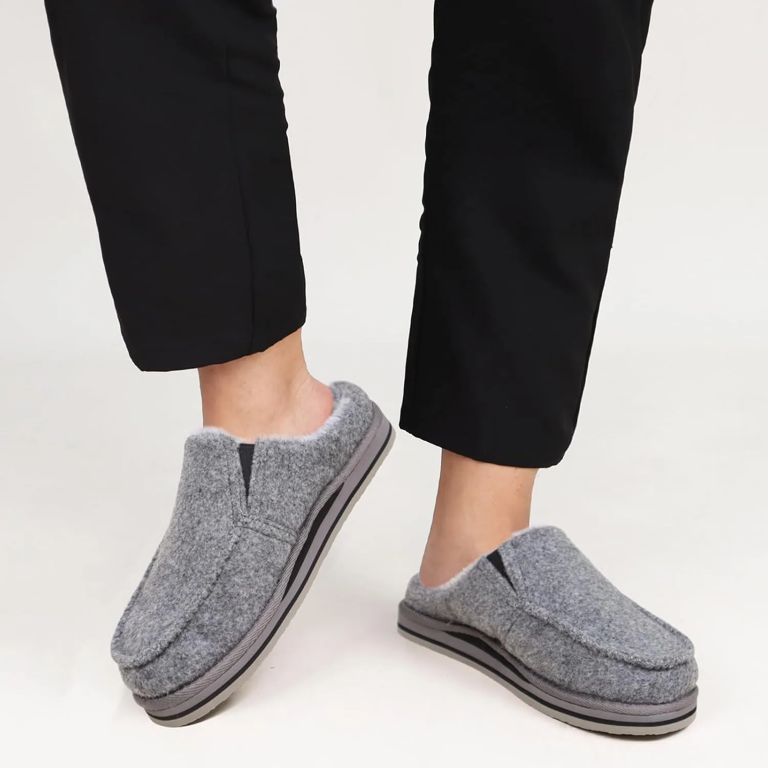 ONCAI Mens Clog Slippers with Arch Support Stripe Faux Fur Cotton-Blend High-Density Memory Foam Warm House Slippers Slip-on Indoor Outdoor Rubber Sole Size 7-16