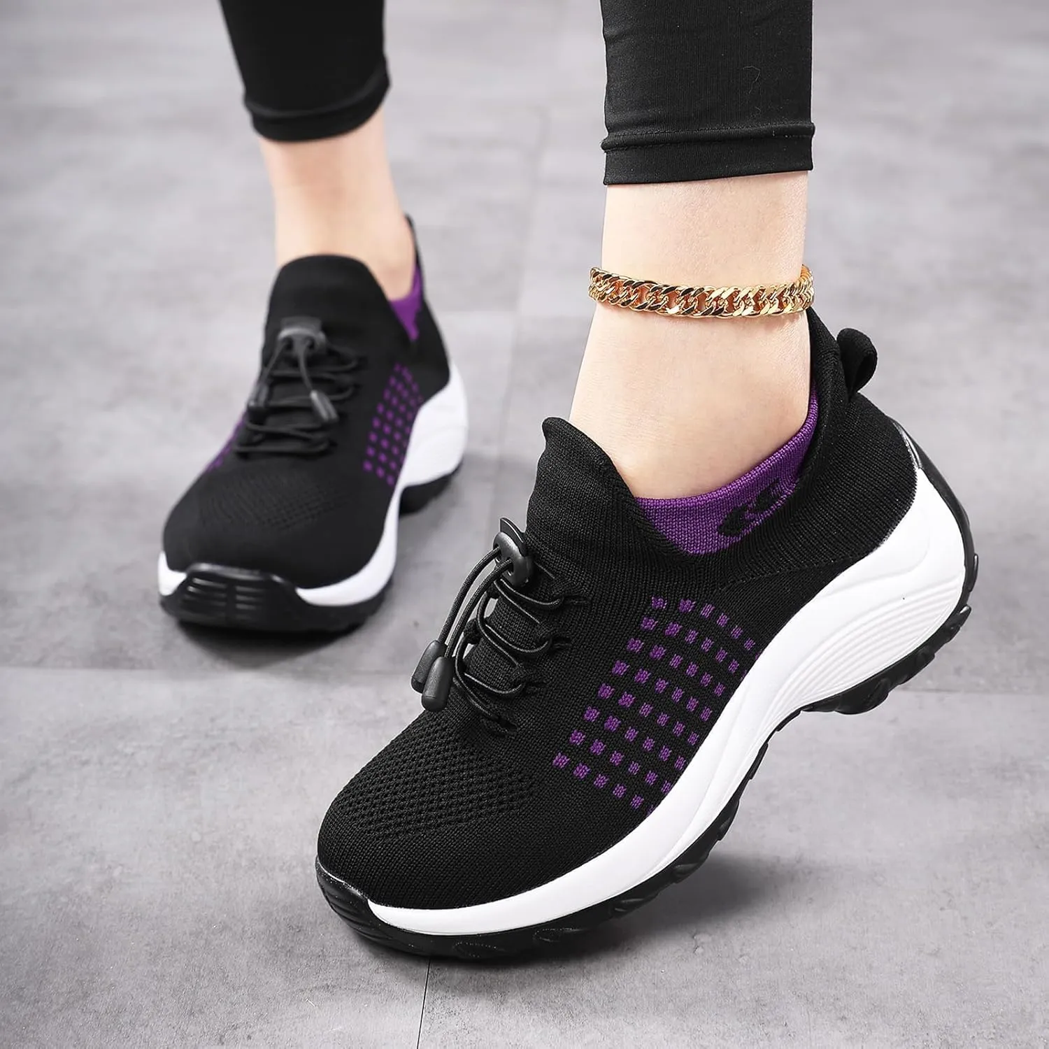 Orthopedic Sneakers Breathable Women Walking Shoes Slip On Trainers Breathable Knit Mesh Lace-Up Sneakers Comfortable Stretch Cushion Athletic Shoes for Women