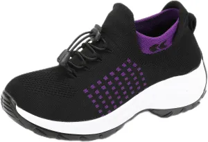Orthopedic Sneakers Breathable Women Walking Shoes Slip On Trainers Breathable Knit Mesh Lace-Up Sneakers Comfortable Stretch Cushion Athletic Shoes for Women