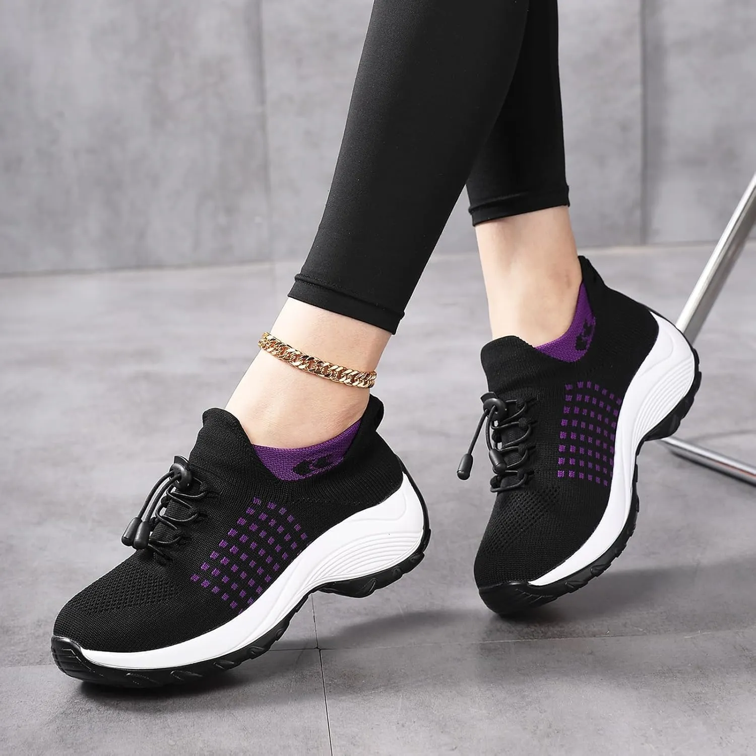 Orthopedic Sneakers Breathable Women Walking Shoes Slip On Trainers Breathable Knit Mesh Lace-Up Sneakers Comfortable Stretch Cushion Athletic Shoes for Women