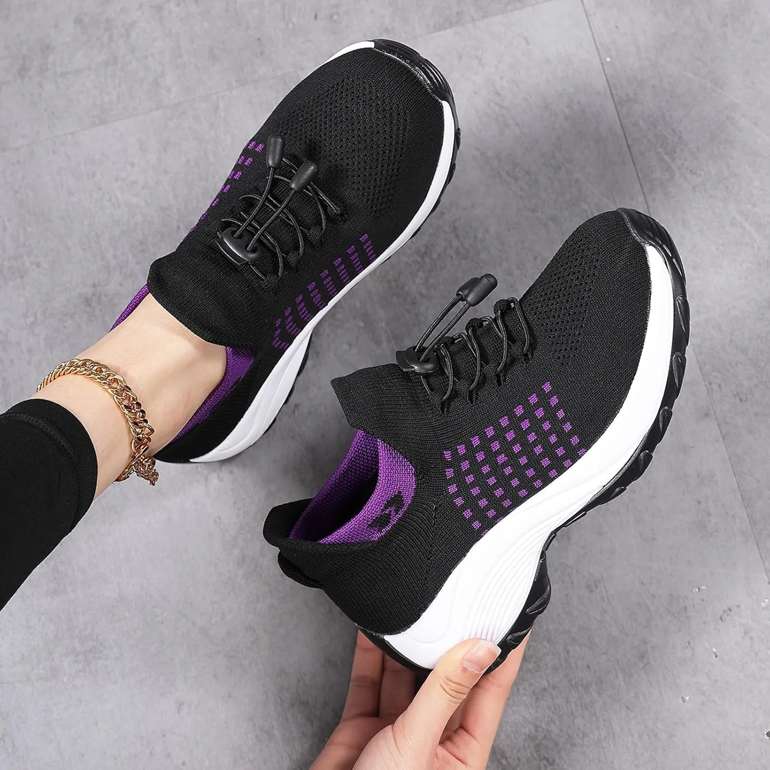 Orthopedic Sneakers Breathable Women Walking Shoes Slip On Trainers Breathable Knit Mesh Lace-Up Sneakers Comfortable Stretch Cushion Athletic Shoes for Women