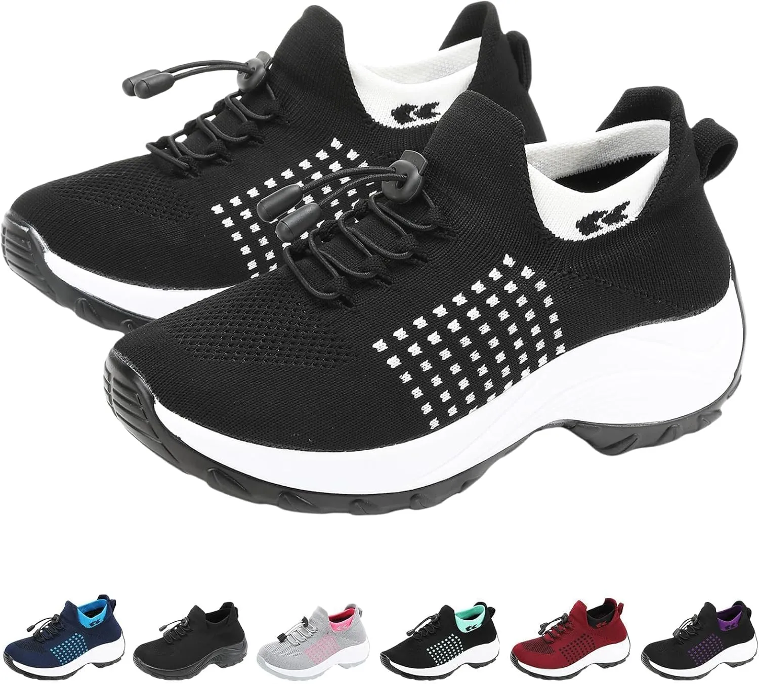 Orthopedic Sneakers Breathable Women Walking Shoes Slip On Trainers Breathable Knit Mesh Lace-Up Sneakers Comfortable Stretch Cushion Athletic Shoes for Women
