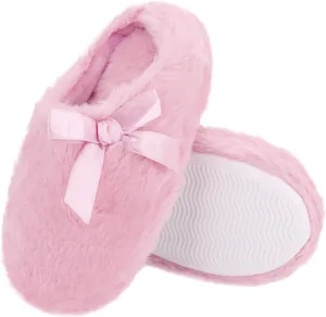 Orthoshoes Girls Fluffy Slippers,Faux Fur Fuzzy Slip-on House Slippers Clog Memory Foam House Shoes with Ribbon Bow for Girls Bedroom Indoor
